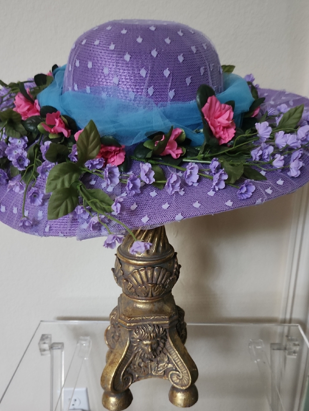 Lavender Floral Wide-Brim Sun Hat with Blue Tulle Band